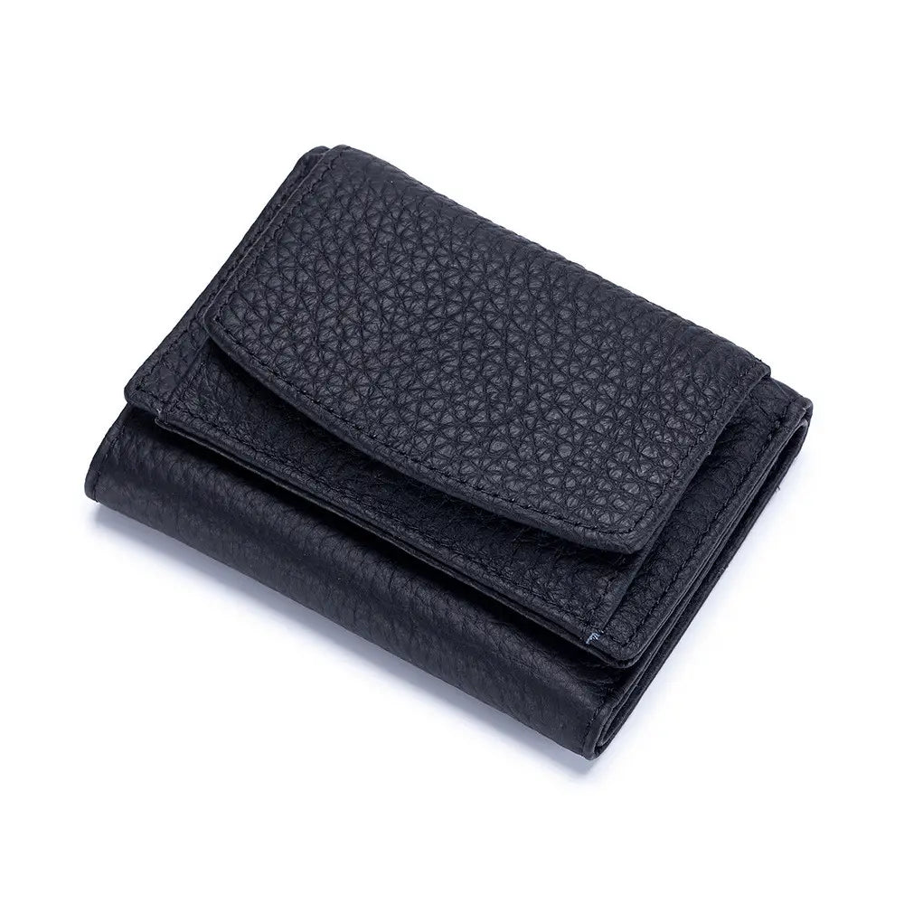 Black textured leather mini wallet compact cowhide bifold card holder with pebbled finish and precise stitching.