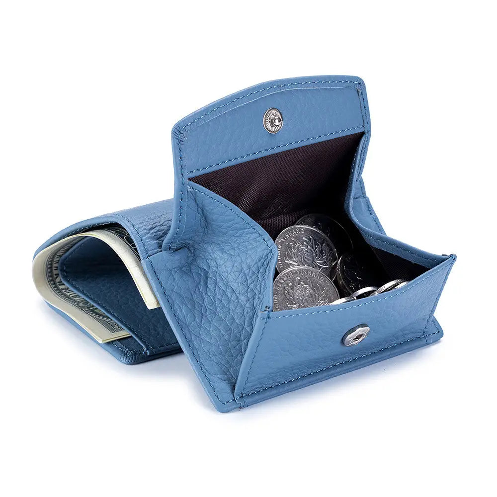light blue textured cowhide leather mini wallet with silver toned snap buttons and dark interior partially open to reveal coins and folded bills compact bifold card holder