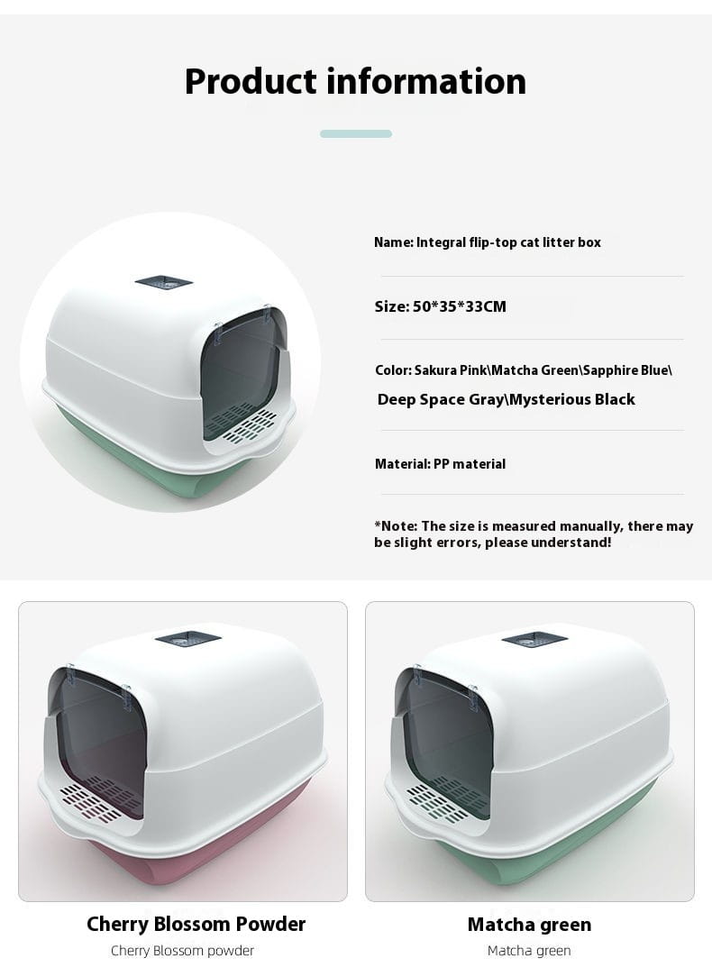 Enclosed cat litter box sakura pink made of pink and white plastic with a hinged lid for discreet pet waste management.