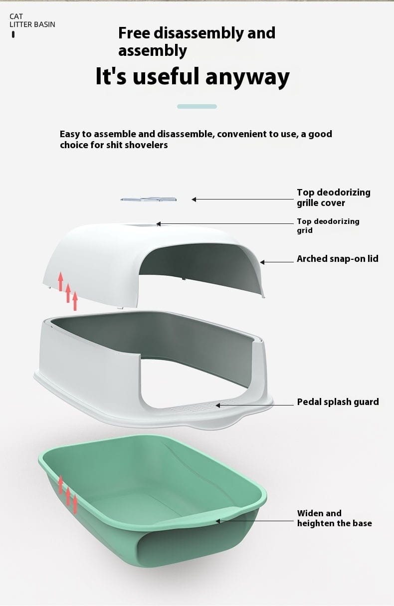 Enclosed cat litter box sakura pink made of pink and white plastic with a hinged lid for discreet pet waste management.