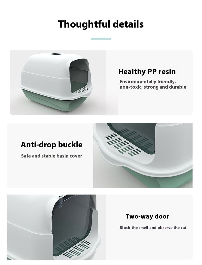 Enclosed cat litter box sakura pink made of pink and white plastic with a hinged lid for discreet pet waste management.