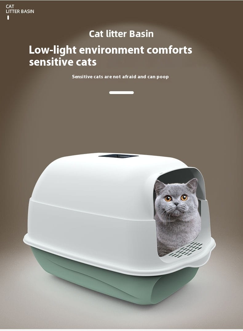Enclosed cat litter box sakura pink made of pink and white plastic with a hinged lid for discreet pet waste management.