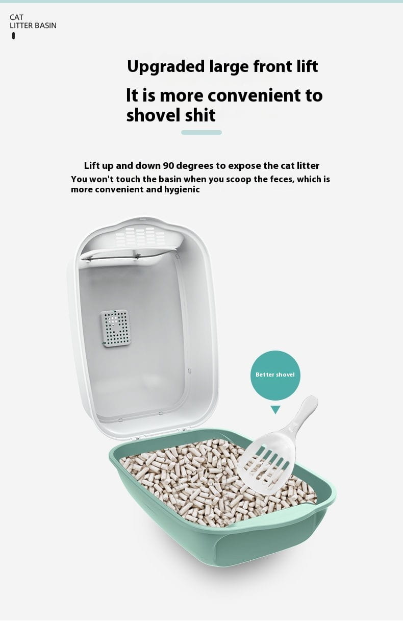 Enclosed cat litter box sakura pink made of pink and white plastic with a hinged lid for discreet pet waste management.