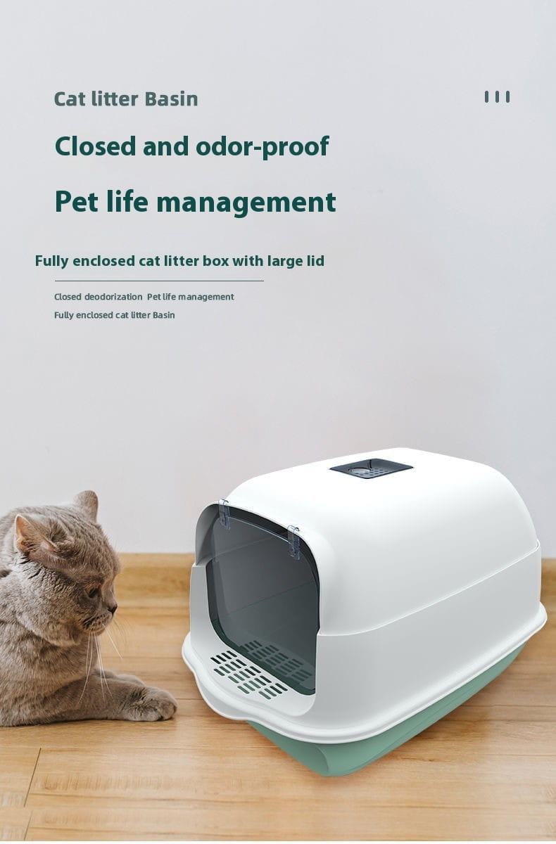 Enclosed cat litter box sakura pink made of pink and white plastic with a hinged lid for discreet pet waste management.