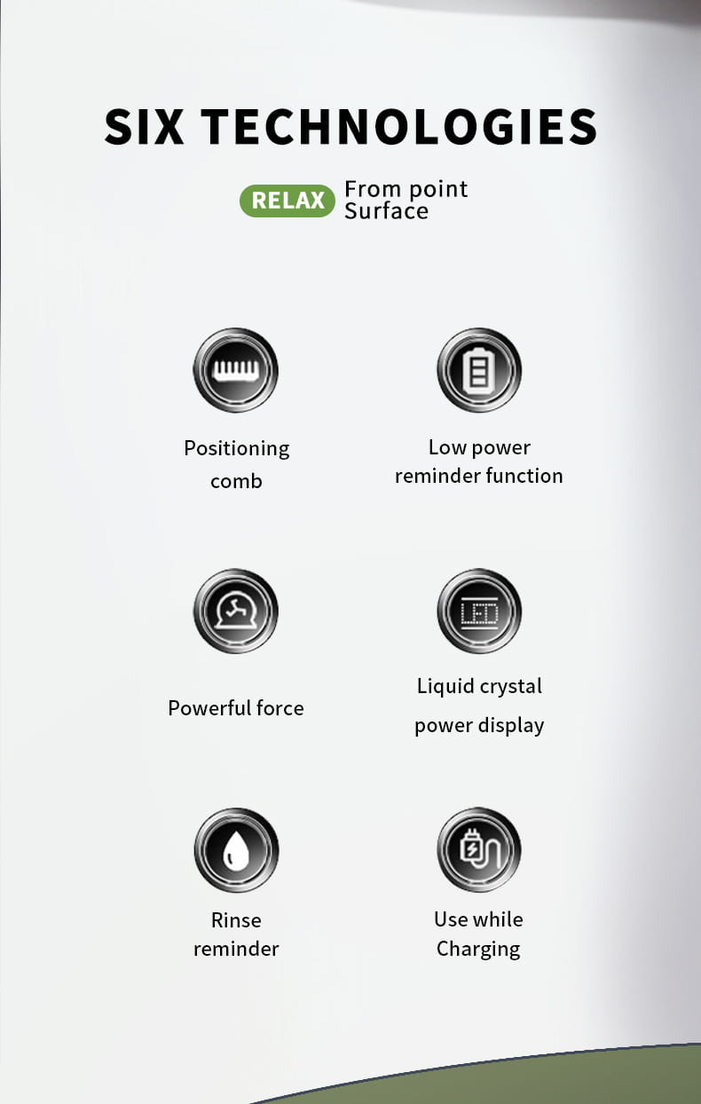 Relax electric hair trimmer with vacuum and digital display showing six technologies including positioning comb, low power reminder, powerful force, liquid crystal power display, rinse reminder, and use while charging.