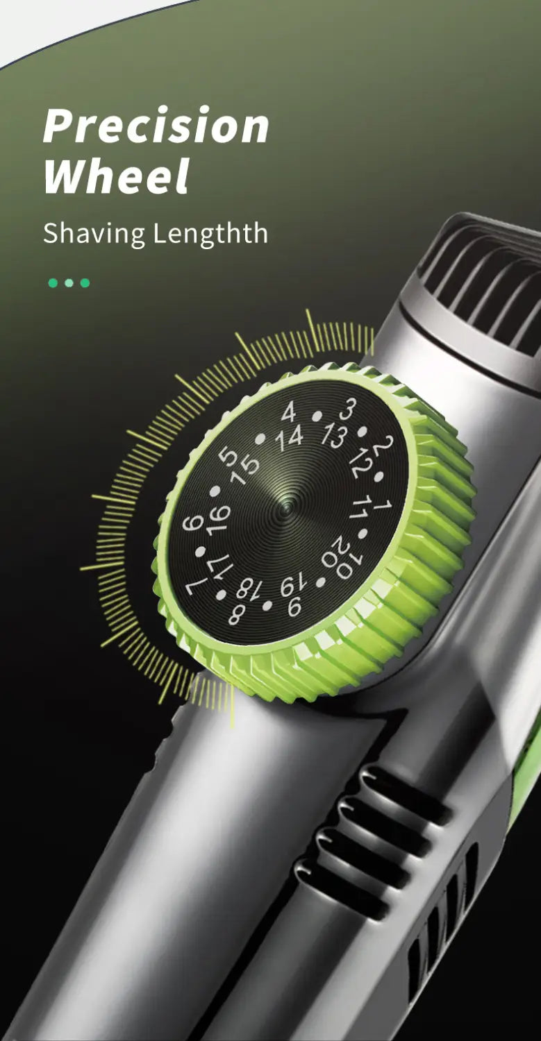 Green and silver precision shaving wheel with numbered length settings for adjustable hair trim on electric hair trimmer with vacuum and digital display.