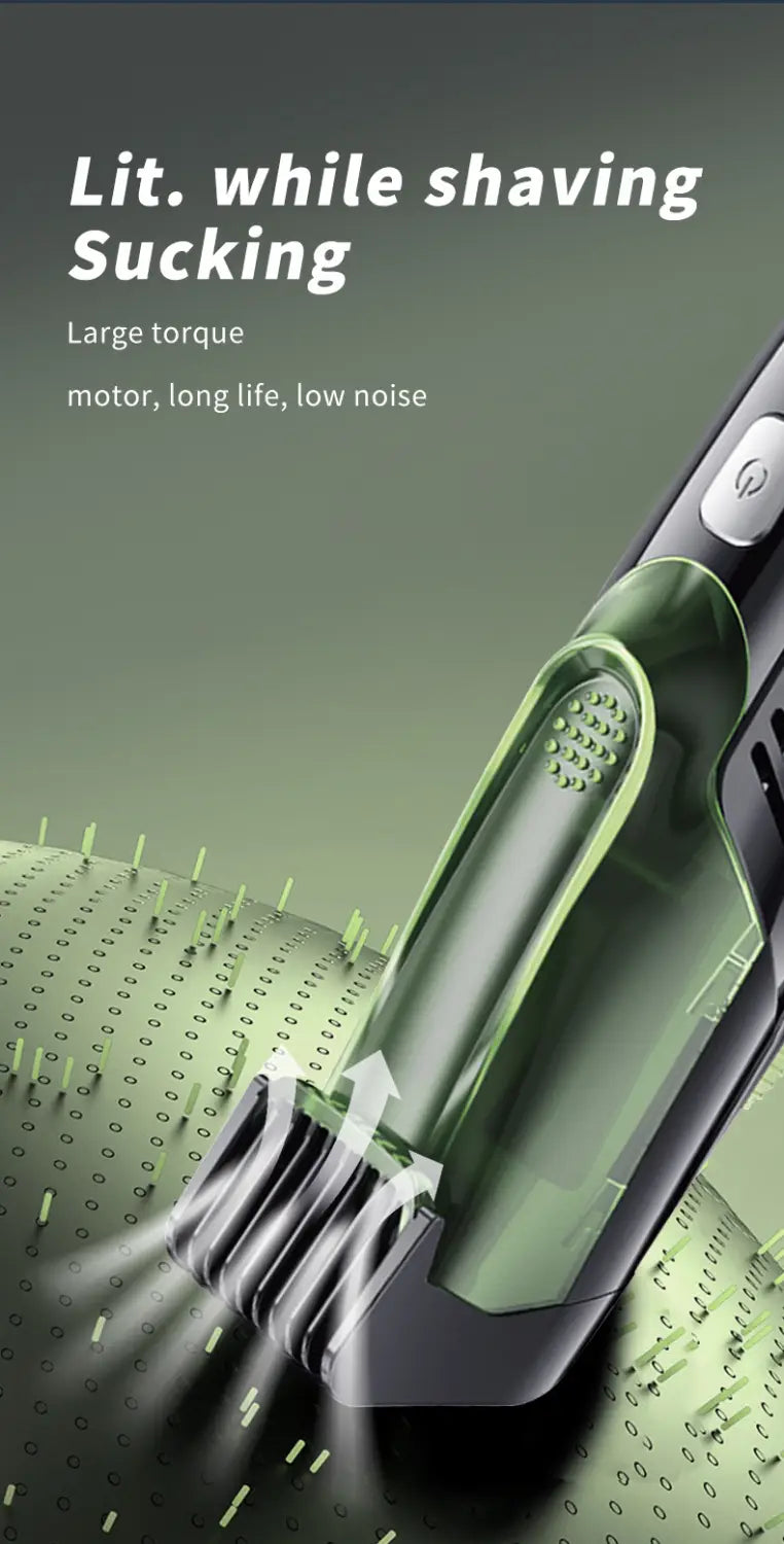 Green and black electric hair trimmer with vacuum and digital display featuring a sleek modern design.