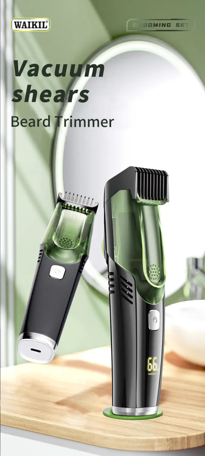 Green and black Waikil electric hair trimmer with vacuum feature and digital display showing 66 on the base for precise beard trimming.