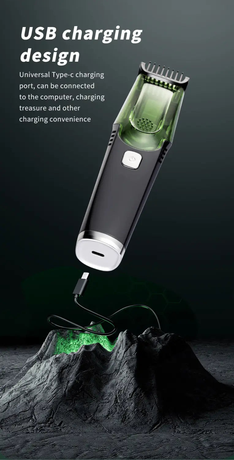 Green and black electric hair trimmer with vacuum and digital display featuring a type-c charging port.