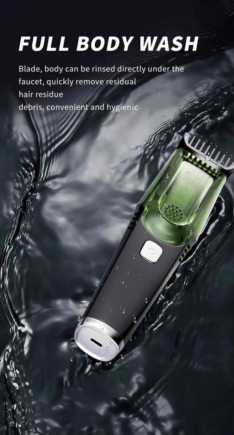Black and green electric hair trimmer with vacuum and digital display featuring a transparent water-resistant housing.