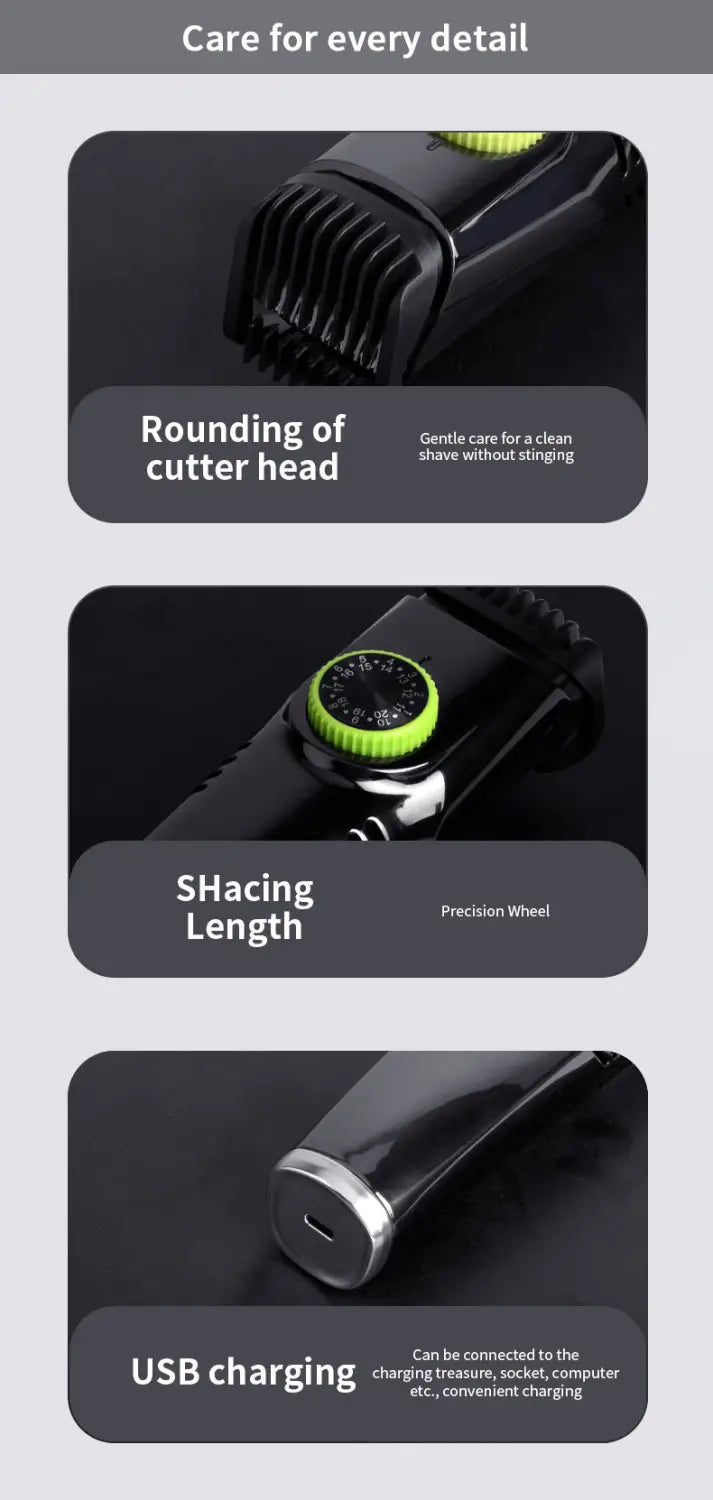 electric hair trimmer with vacuum and digital display in black and lime green featuring a precision wheel usb charging port and rounded cutter head.
