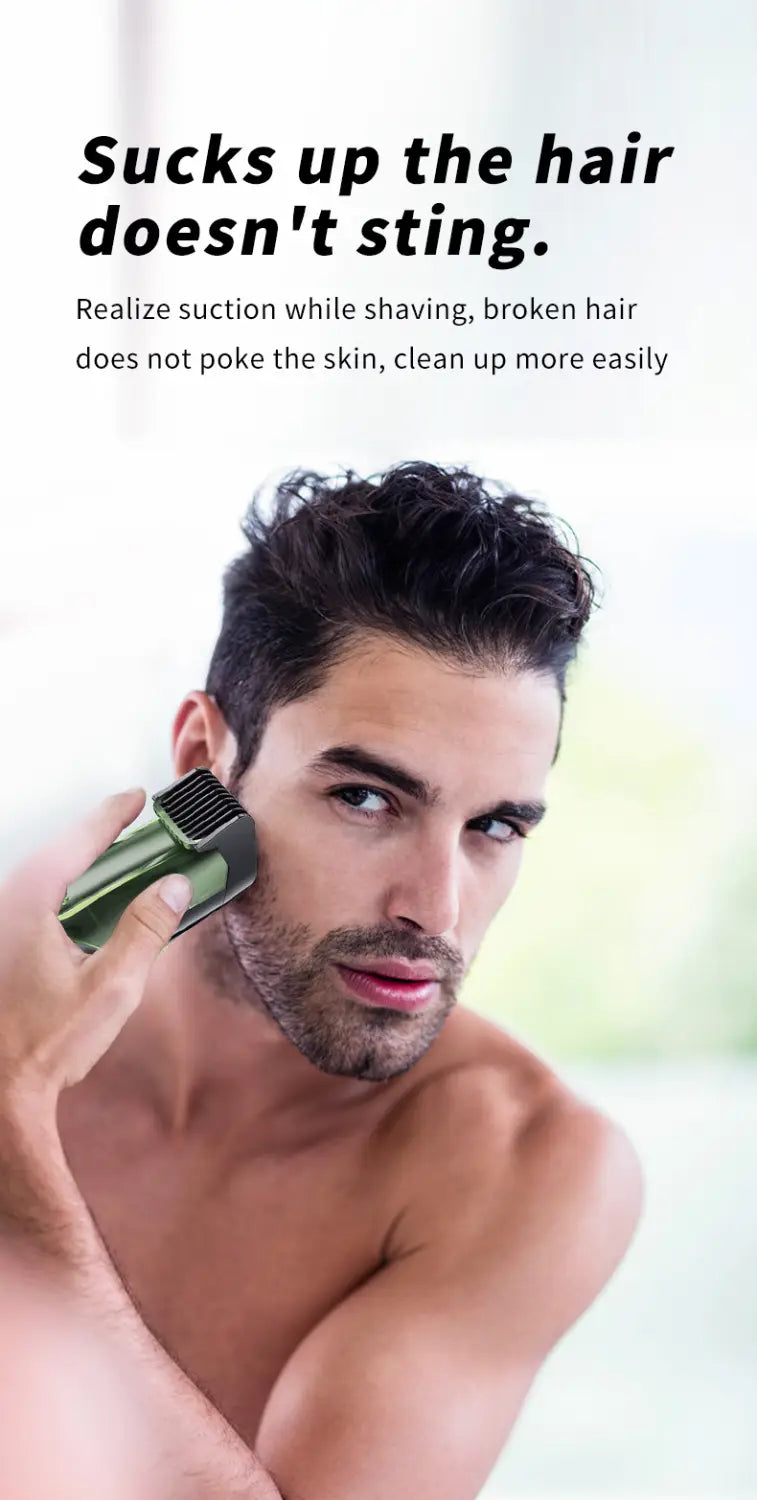 Green and black electric hair trimmer with vacuum and digital display featuring a sleek, ergonomic design.