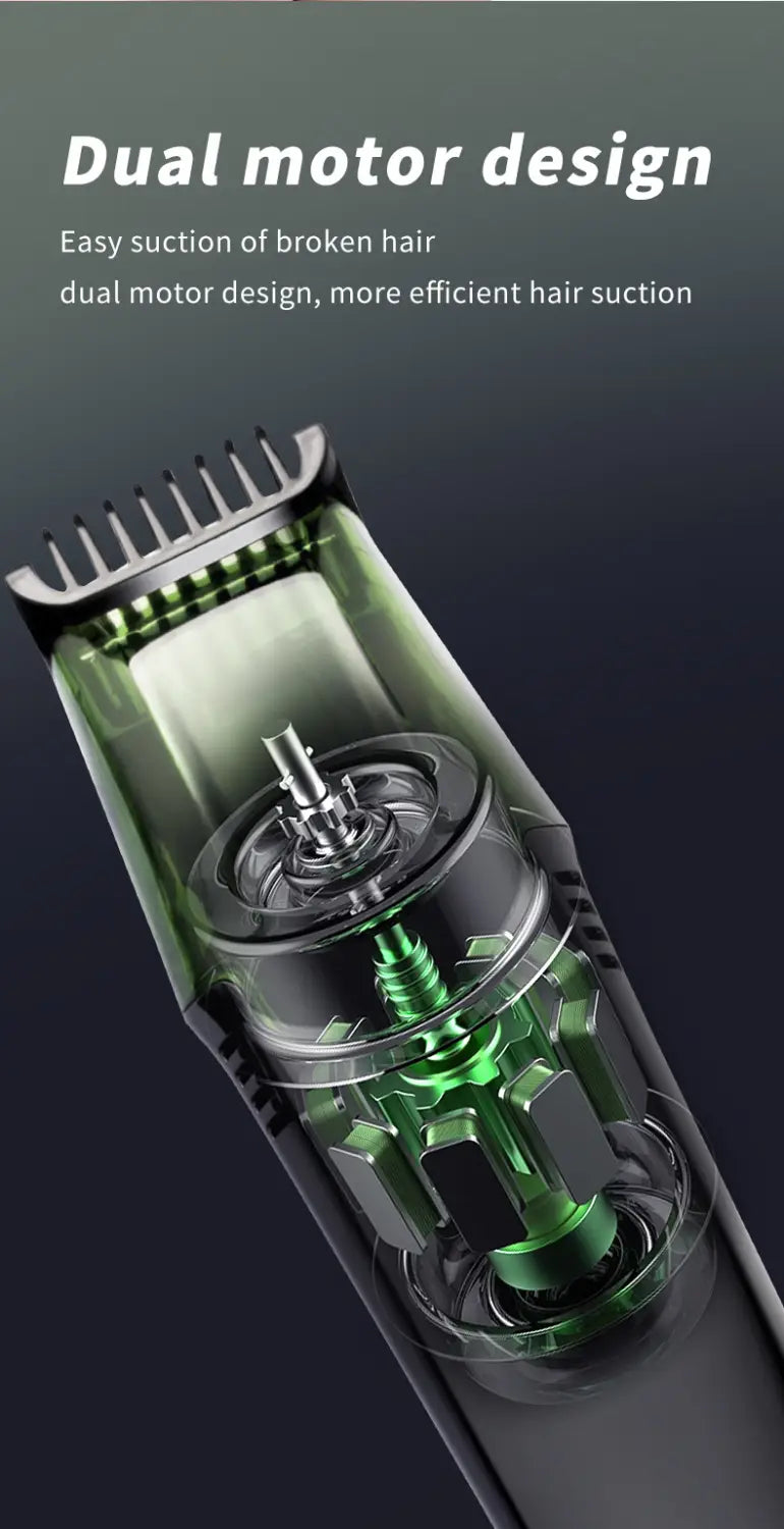 Electric hair trimmer with vacuum and digital display featuring a black and green dual-motor design with a transparent casing revealing internal components.