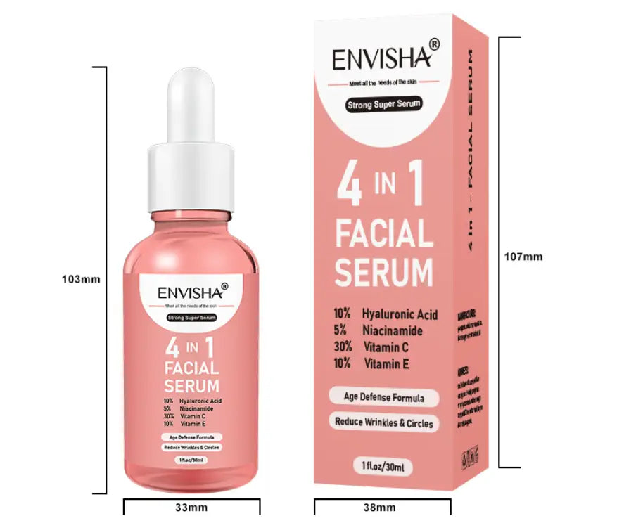 Flasche aus rosa Glas mit weißem Pipettenaufsatz und passender rosa Pappverpackung, beschriftet mit „enisha 4-in-1 Facial Serum“: enthält klares Anti-Aging-Gesichtsserum, 4-in-1 Whitening-Esenz 30 ml.