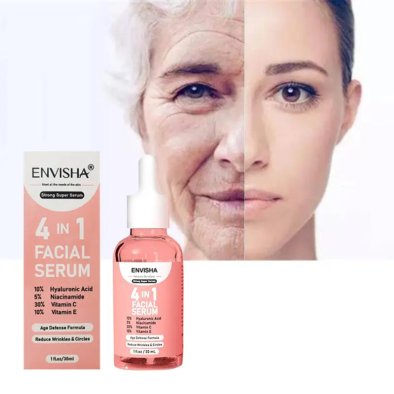 Flasche aus rosa Glas mit weißem Pipettenaufsatz und passendem rosa Etikett, das „4-in-1 Facial Serum“ von envisha für Anti-Aging-Whitening-Esenz 30 ml anzeigt.