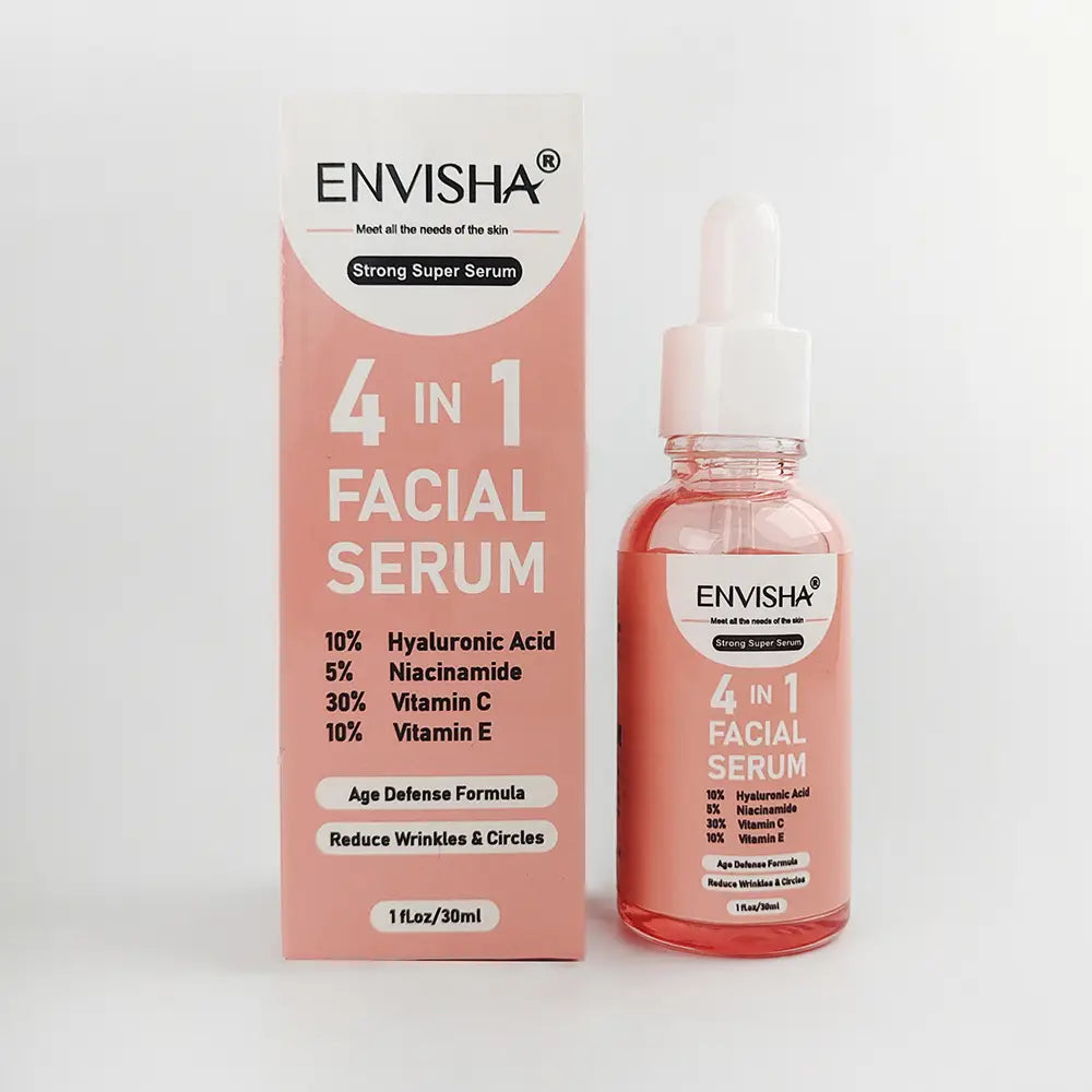 rosa Flasche aus Glas mit weißem Pipettenaufsatz und passendem rosa Etikett, enthaltend ein transparentes pinkfarbenes Anti-Aging-Gesichtsserum 4-in-1 Whitening-Esenz 30 ml