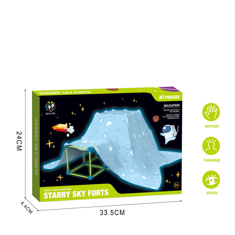 caja verde y negra de un kit de construcción de fortalezas que brilla en la oscuridad para el set de tienda de niños, con 87 piezas de cielo estrellado para una construcción creativa de fortalezas