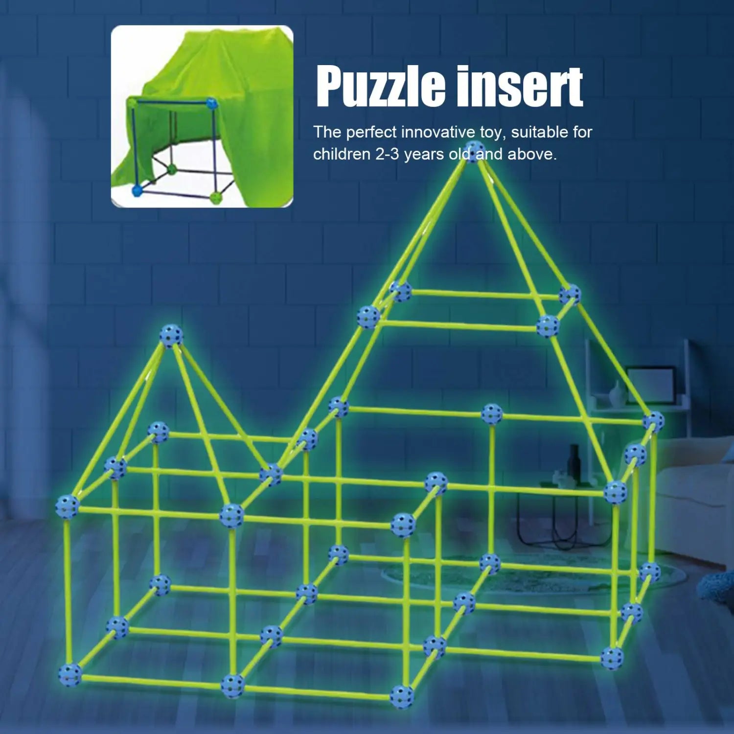 varillas plásticas entrelazables de color amarillo brillante con conectores esféricos azules forman una estructura geométrica luminosa de juego en el kit de construcción de fortalezas que brilla en la oscuridad para el set de tienda de niños