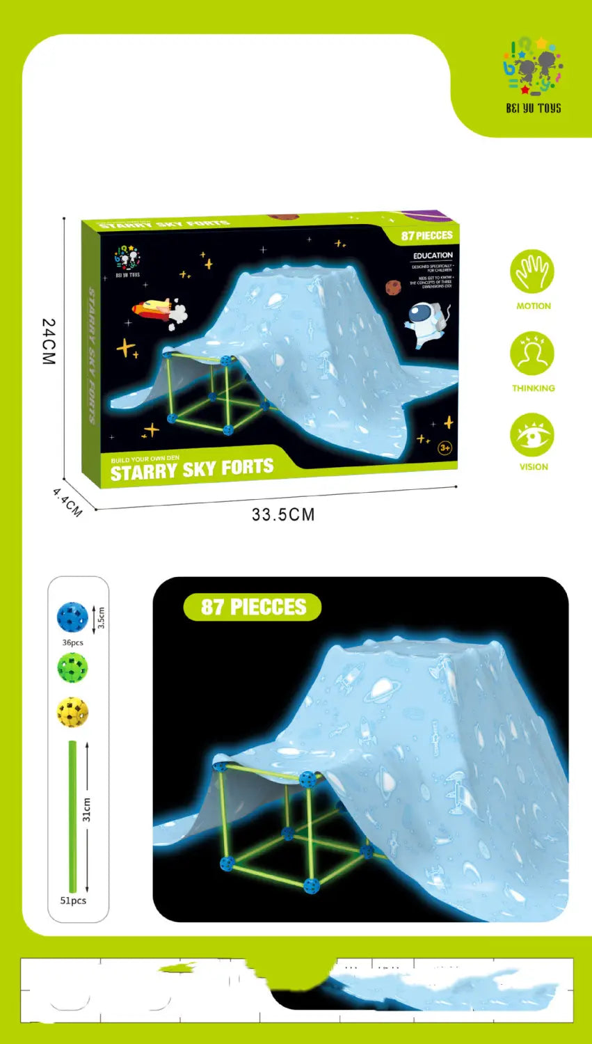 fortalezas de cielo estrellado kit de construcción de fortalezas que brilla en la oscuridad para el set de tienda de niños, con tela translúcida azul luminosa y conectores estructurales verdes.