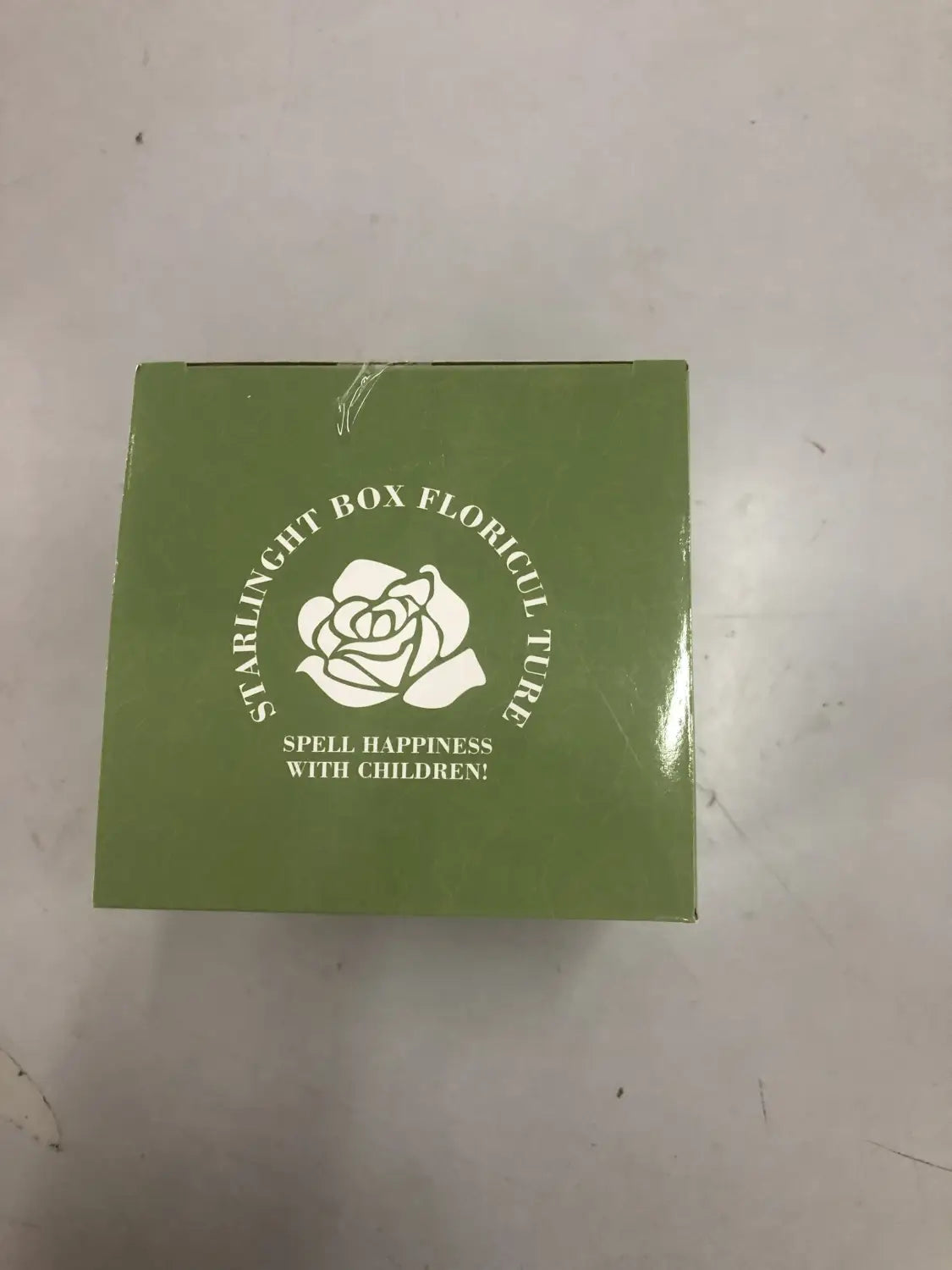 Boîte rectangulaire vert olive avec un logo floral blanc et du texte mettant en évidence la marque starlight box floricultur et la phrase « spell happiness » avec des enfants pour le jouet décoratif de dôme en verre pour fleurs, bloc de construction.
