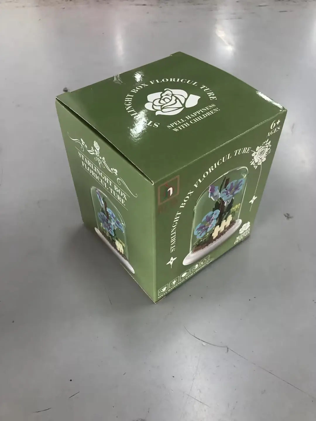 Boîte en carton verte contenant un coffret miniature de terrarium en verre de floriculture « starglint box », avec des fleurs bleues et blanches pour le jouet décoratif de dôme en verre pour fleurs, bloc de construction, éclairage LED.