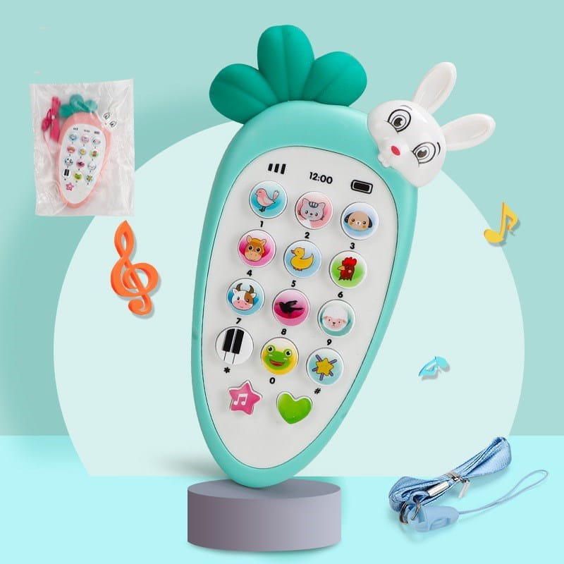 Teal carrot-shaped children’s toy phone with a white bunny face on the side and colorful animal-themed buttons designed as an educational music toy.