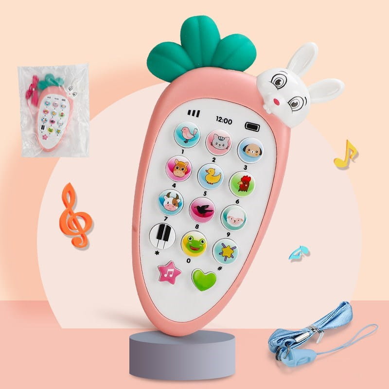 Baby toy phone carrot shape educational music toy in pink with green leafy top, white bunny face, and colorful animal-themed buttons.