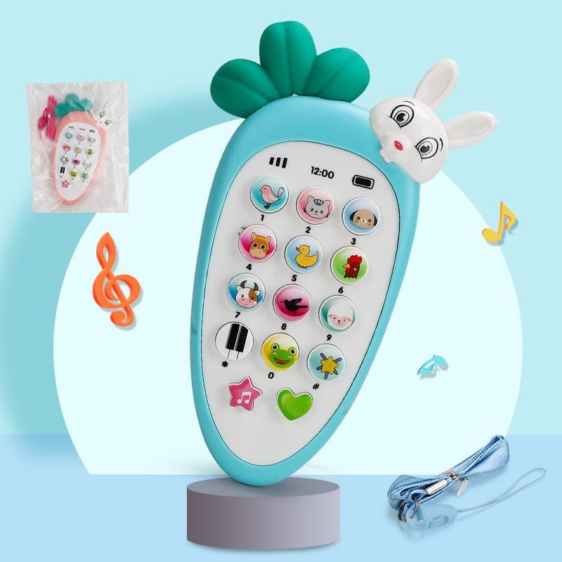 Baby toy phone carrot shape educational music toy in turquoise with a white bunny face, colorful animal and shape buttons, and a green leafy top.
