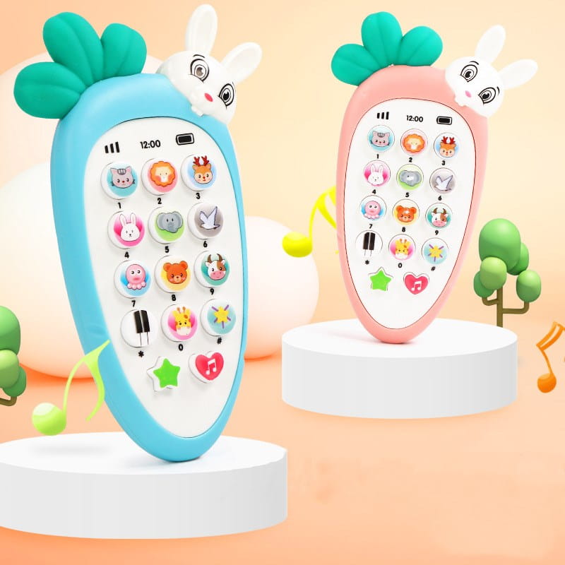 Blue and pink carrot-shaped baby toy phones with cartoon animal buttons and bunny faces designed as educational music toys.