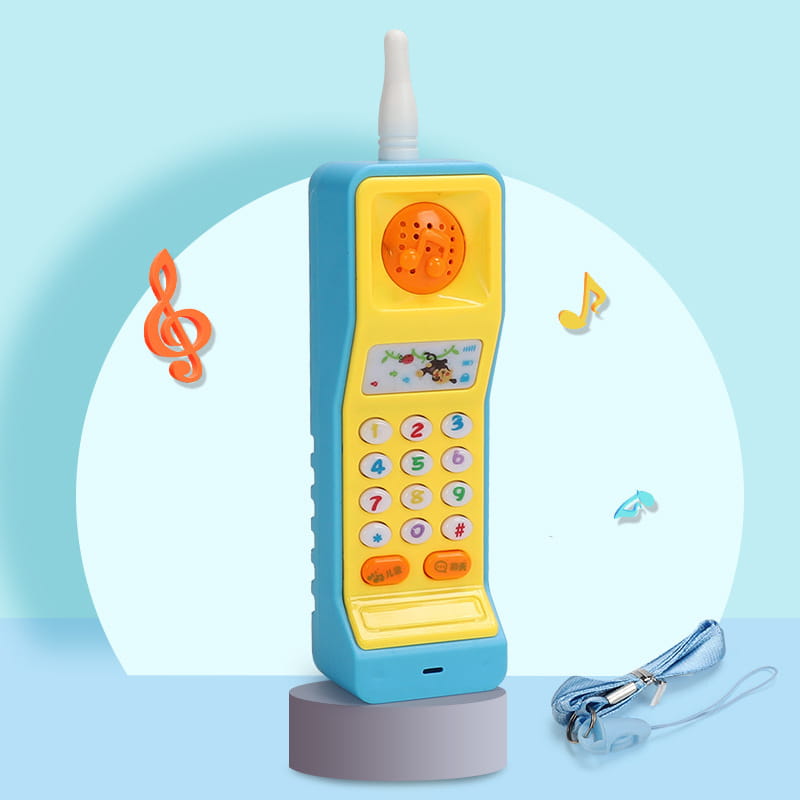 a colorful baby toy phone carrot shape educational music toy featuring a blue body yellow keypad area and an orange speaker grille designed for early childhood learning and play