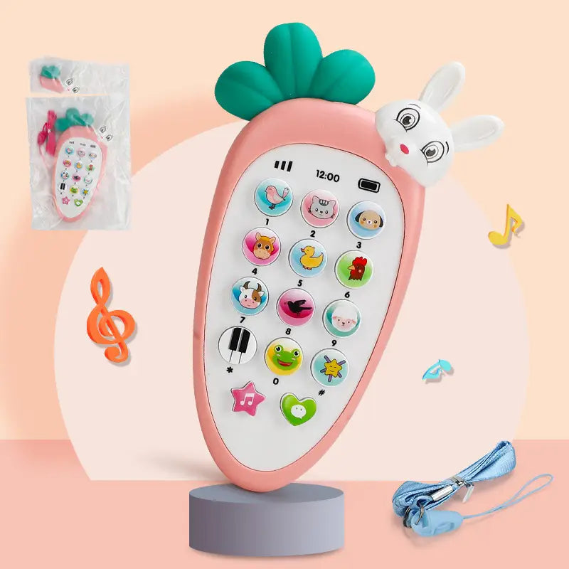 baby toy phone carrot shape educational music toy in pink with a white bunny face green leafy top and colorful animal-themed buttons for interactive play