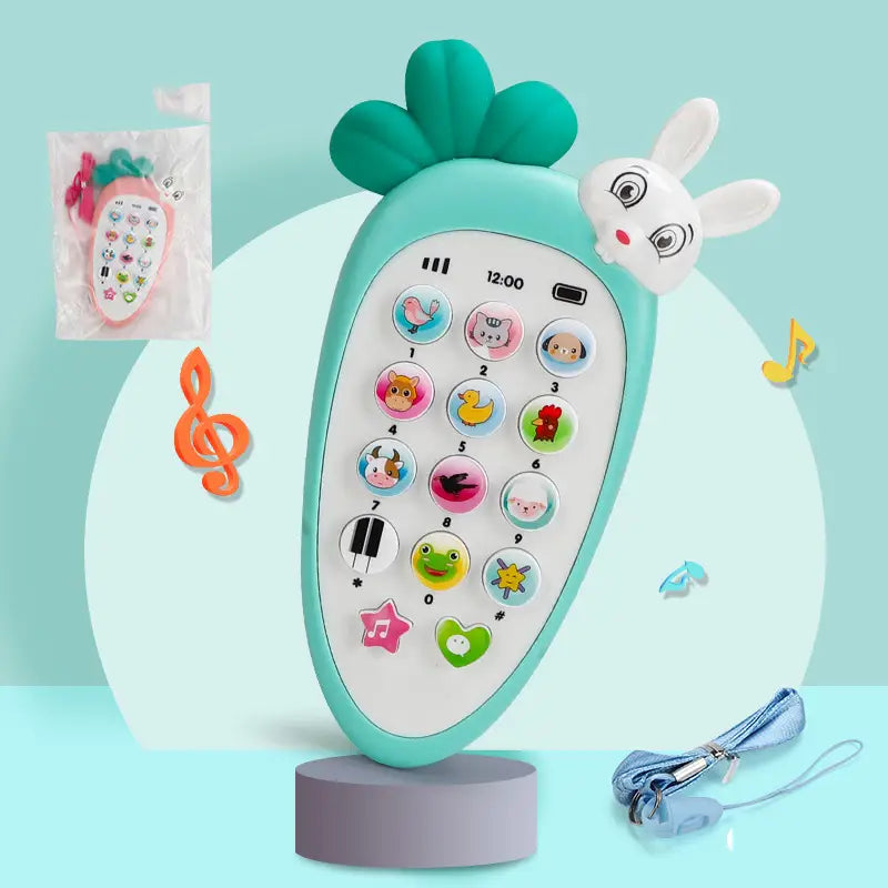teal carrot-shaped baby toy phone with a white bunny face and colorful animal-themed buttons designed as an educational music toy