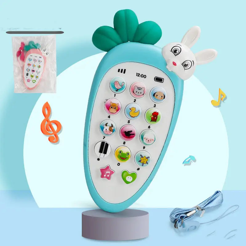 A turquoise carrot-shaped baby toy phone with a white bunny face and colorful animal-themed buttons designed as an educational music toy.