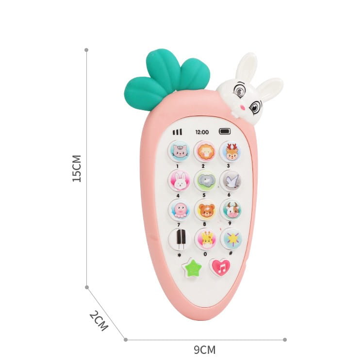 Baby toy phone carrot shape educational music toy in pink with a white bunny peeking from the top and colorful animal-themed buttons on the keypad.
