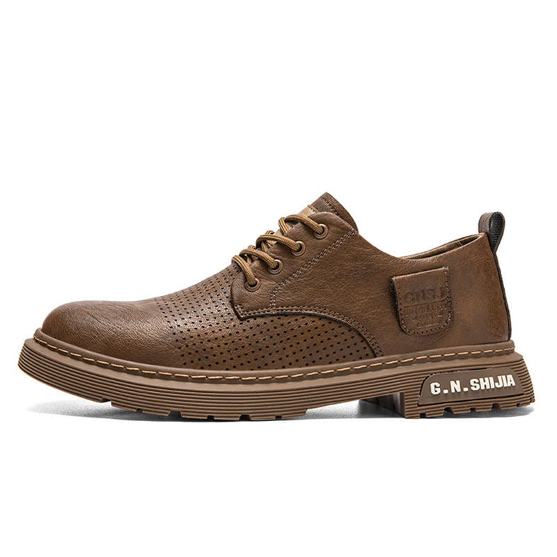 Men’s leather perforated business casual shoe in brown with lace-up design and chunky sole.
