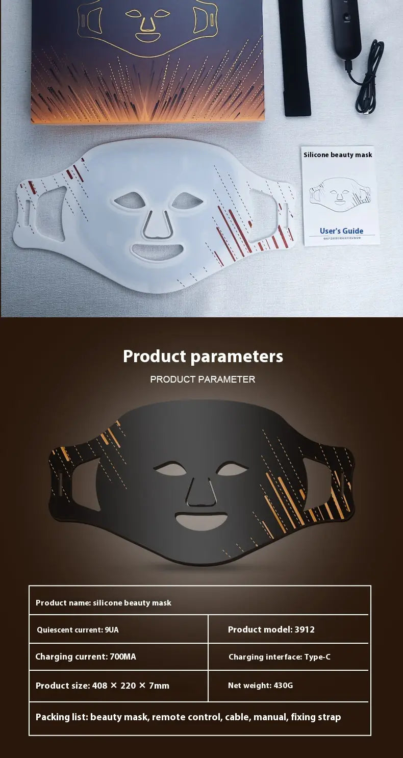 White silicone led photon skin rejuvenation and brightening facial mask with gold led light strips and black face-shaped cutouts.
