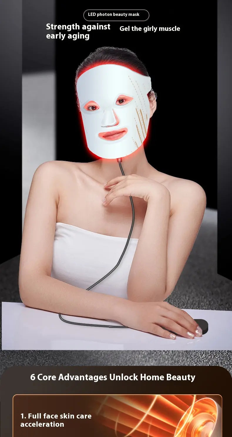 led photon skin rejuvenation and brightening facial mask in white with red glowing edges and white led lights for advanced skincare treatment.