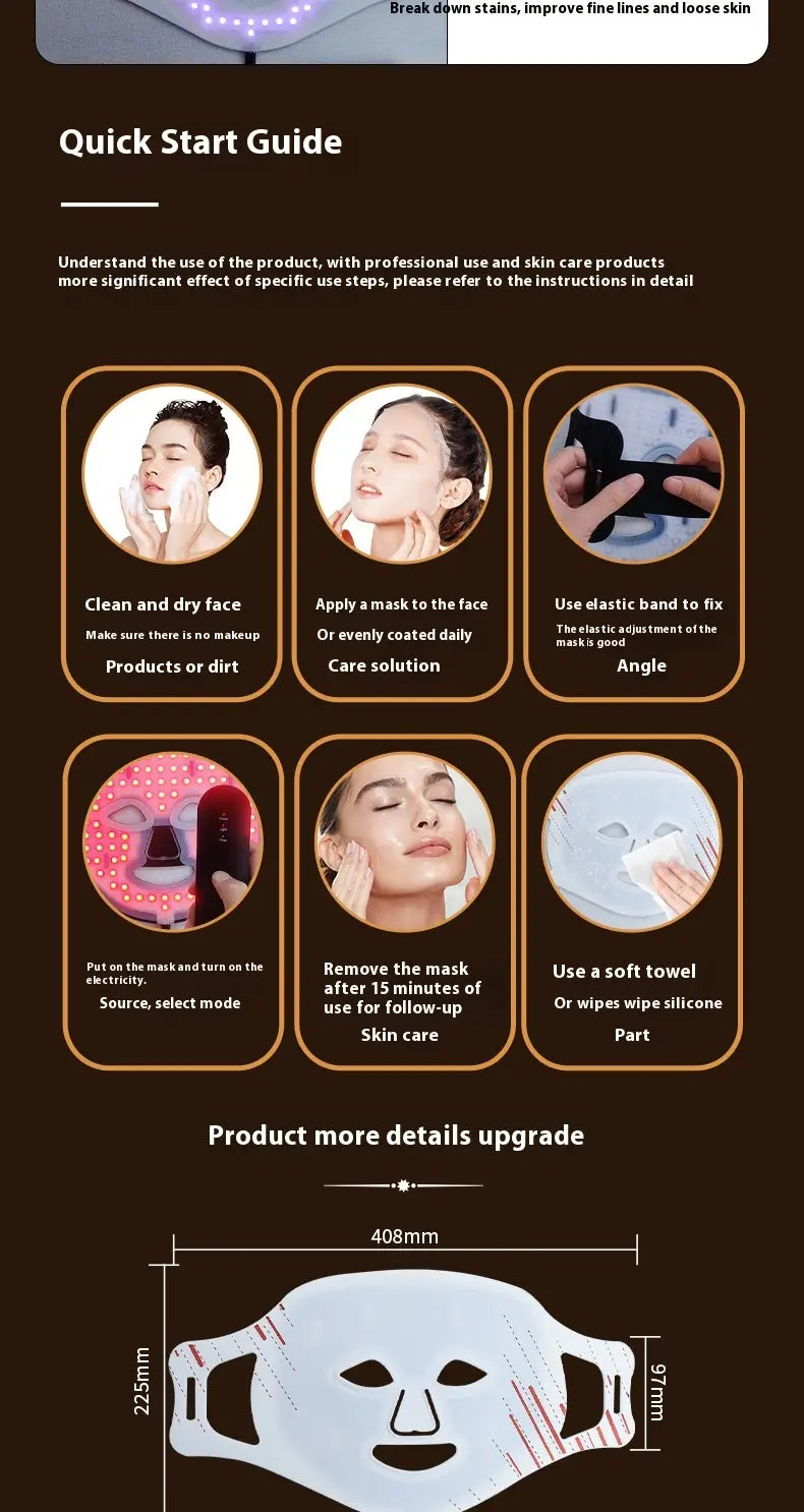 White led photon skin rejuvenation and brightening facial mask with black elastic bands and red light strips along the edges designed for skin treatment.