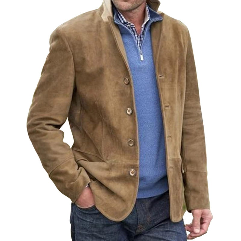 Men’s tan suede retro casual blazer jacket with a collar and front buttons.