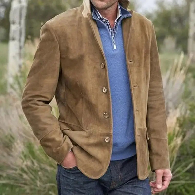 Men’s tan suede retro casual blazer jacket with a collar and button closures displayed from the front.