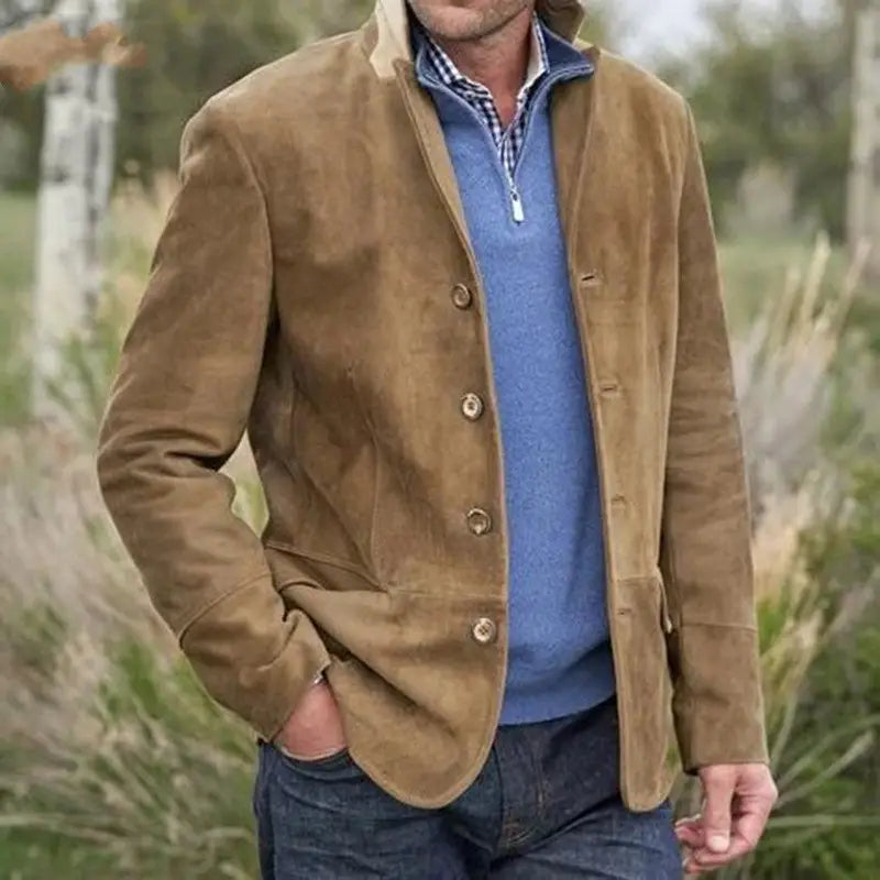 Men’s tan suede retro casual blazer jacket featuring a classic collar and button closure.