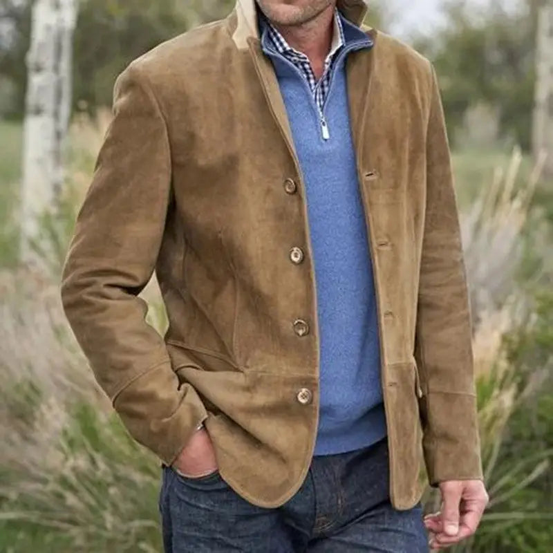 Men’s tan suede retro casual blazer jacket featuring a collar and button closures.
