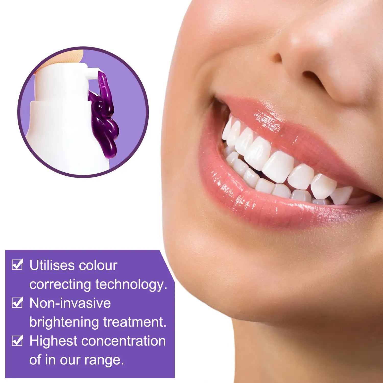 A white spray bottle with a pump mechanism dispensing purple liquid for teeth whitening toothpaste purple color corrector 30ml.