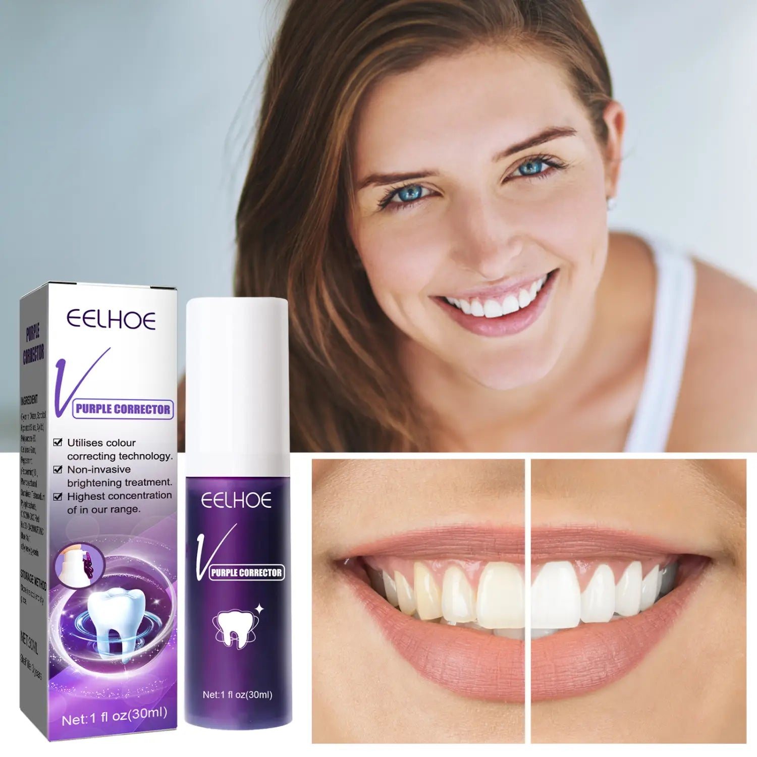 Purple eelhoe purple corrector spray in a sleek cylindrical bottle with a white cap and matching box for teeth whitening toothpaste purple color corrector 30ml.