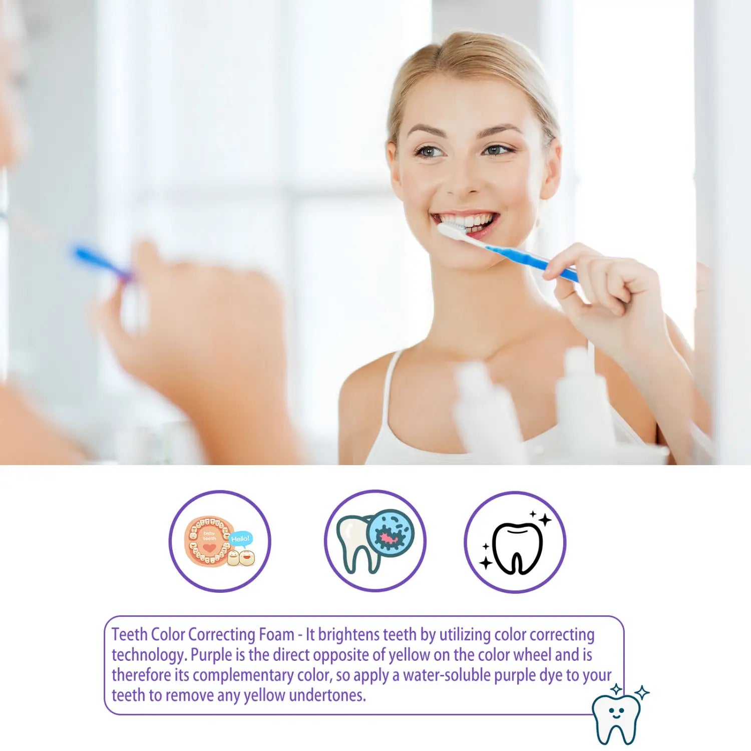 blue toothbrush with white bristles beside purple color corrector teeth whitening toothpaste 30ml product packaging