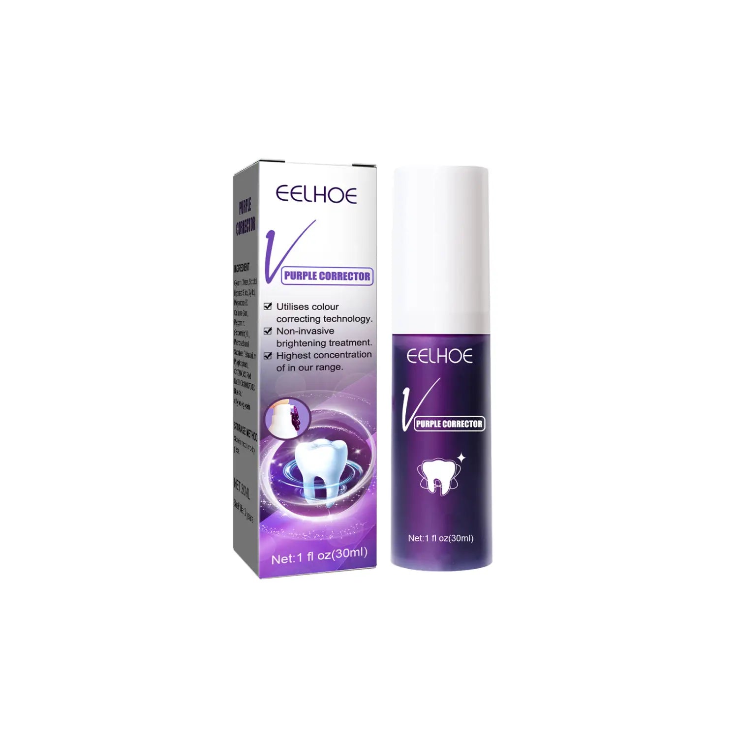 Eelhoe v purple corrector teeth whitening toothpaste purple color corrector 30ml in a sleek purple spray bottle with white cap and matching box featuring tooth imagery.
