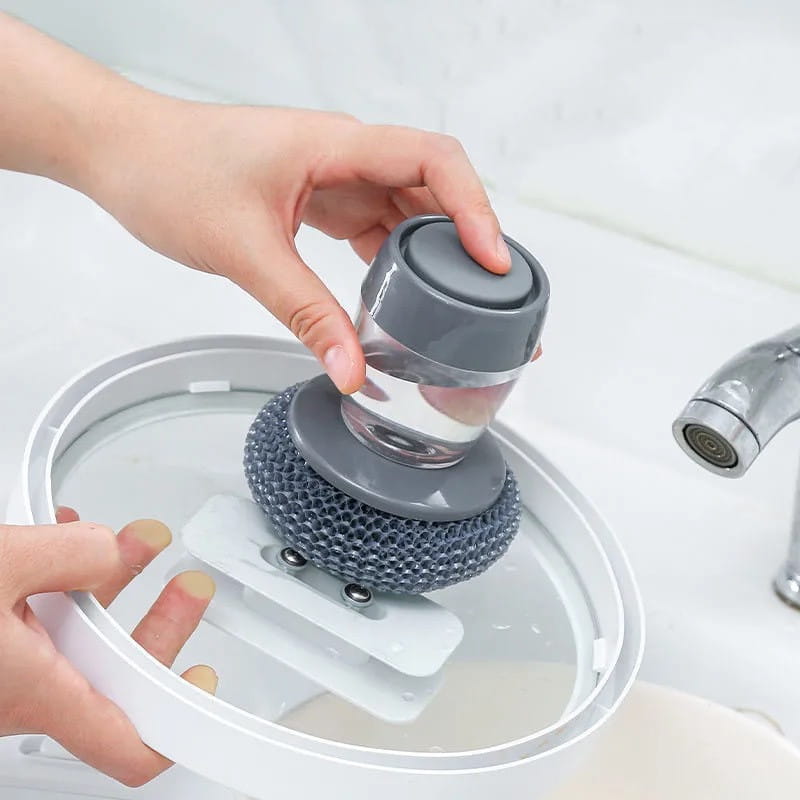 Ensemble de brosse palmier distributeur de savon de cuisine avec récipient transparent en partie supérieure, comprenant du plastique gris et une éponge, pour les tâches de vaisselle