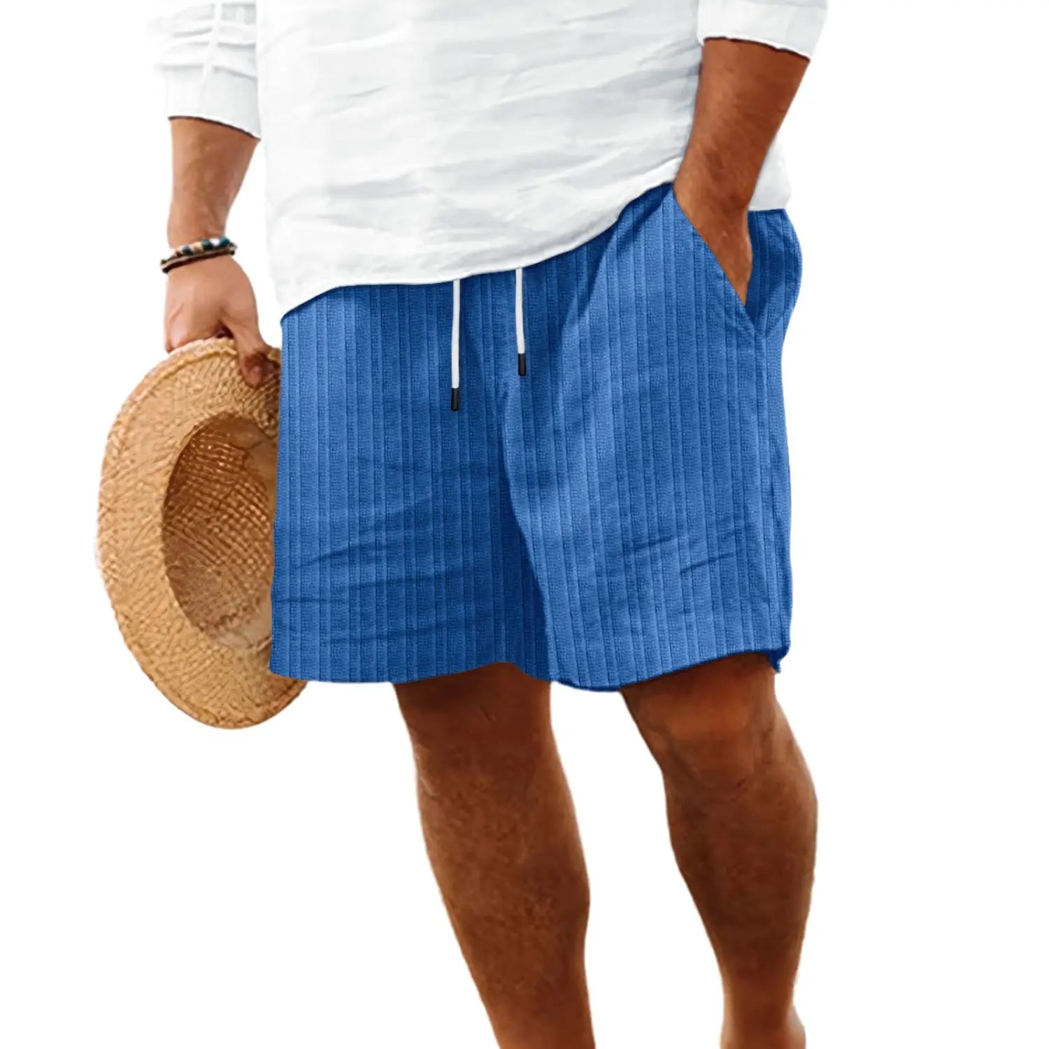 Short d’été en lin bambou côtelé pour hommes bleu avec cordons blancs et tissu texturé