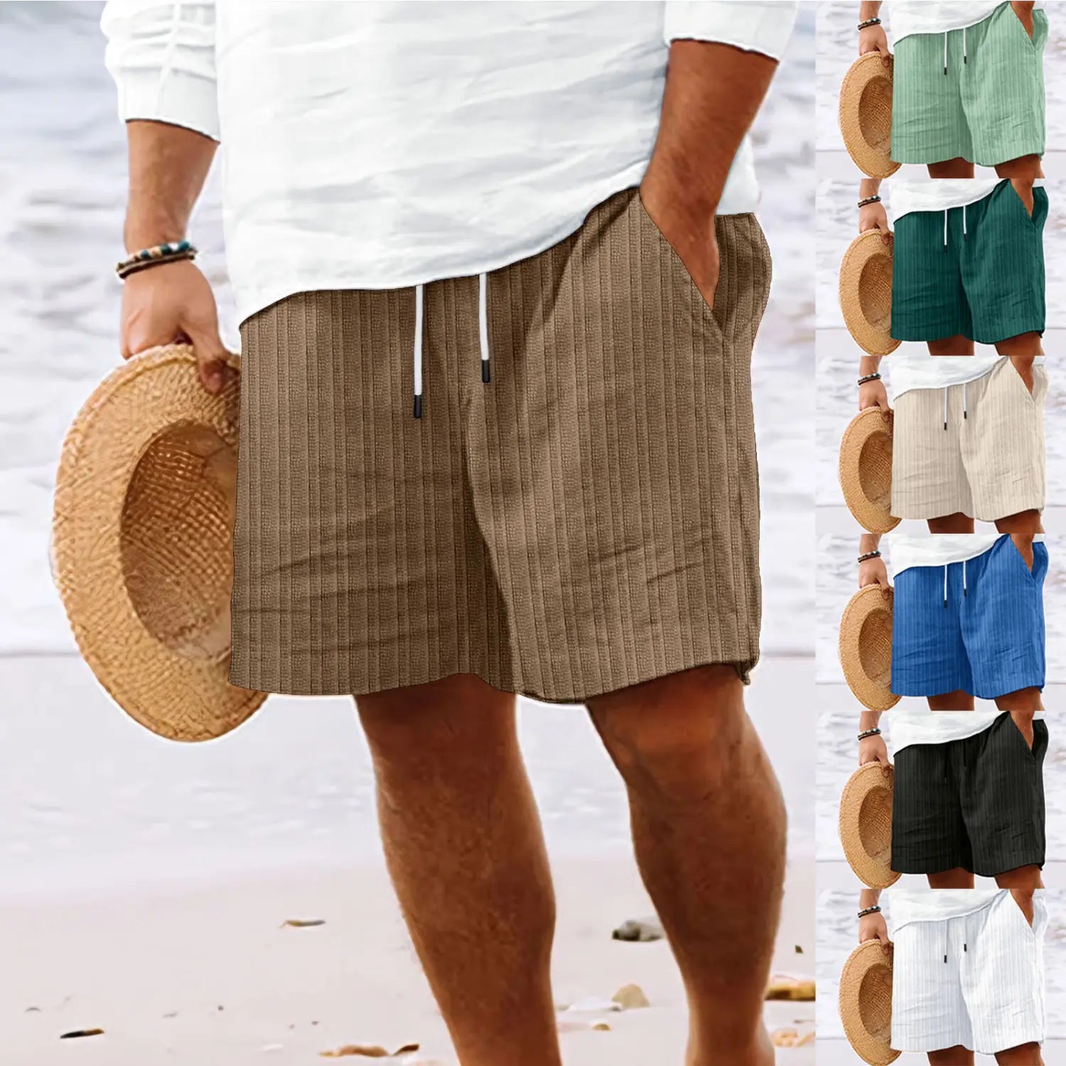 Short d’été beige en lin bambou côtelé pour hommes à cordon de serrage avec cordons blancs et poches latérales.