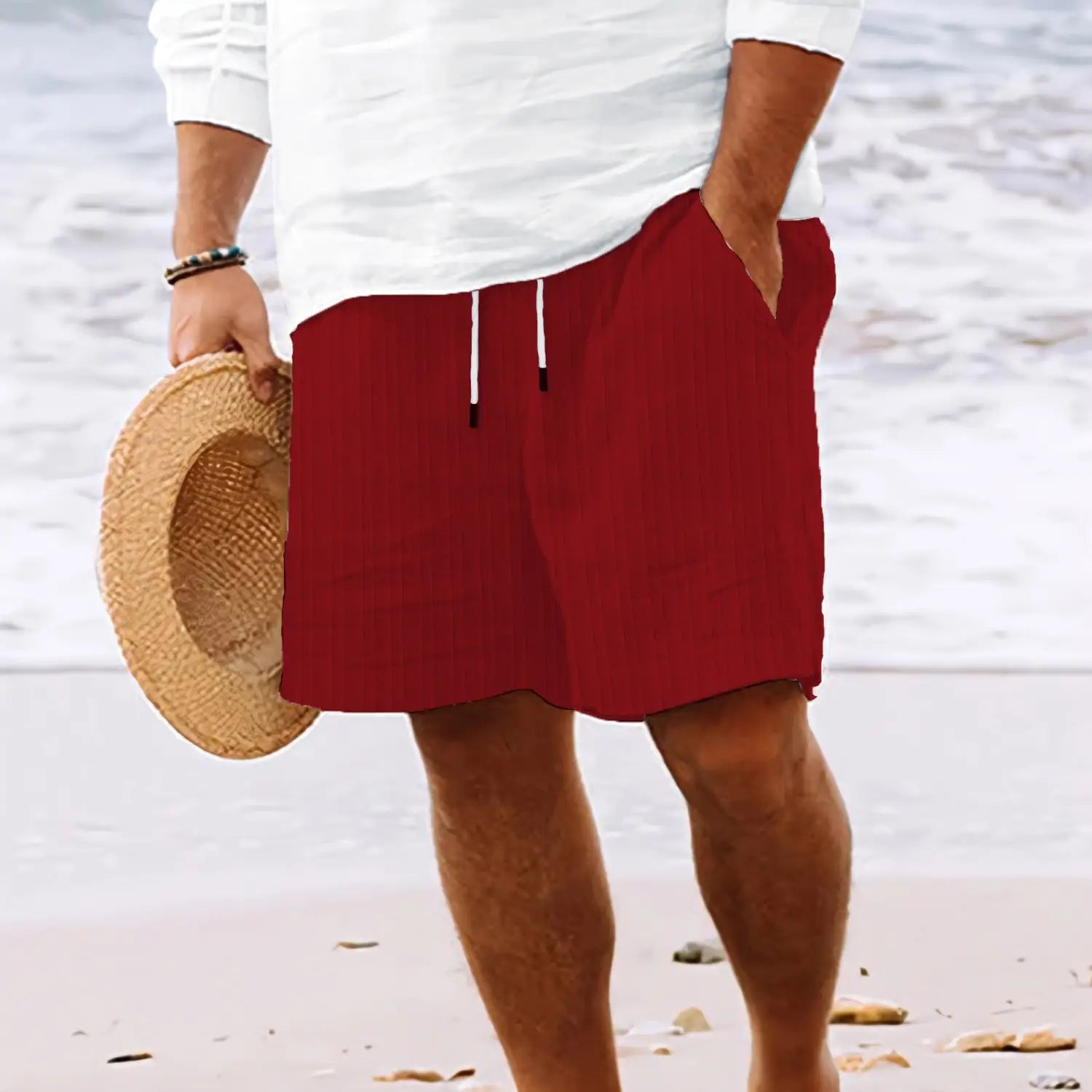 Short d’été à cordon de serrage en lin bambou côtelé pour hommes rouge, avec cordons blancs et poches latérales.